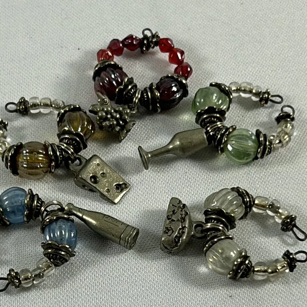 Lot 5 Multicolored Beaded Wine Charms Silver Tone Cheese Wedge Grapes Bottle
